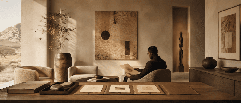 A collector seated with a portfolio of works in a sunlit room hung with African art