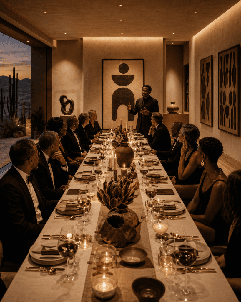 Guests at a candlelit dinner table while a host speaks, surrounded by African artworks